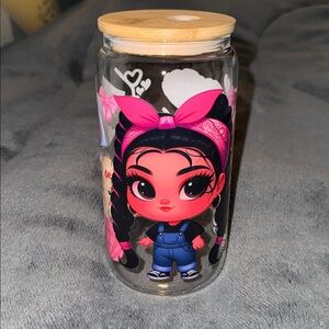 Cute Character Glass Cup with Pink Accents
